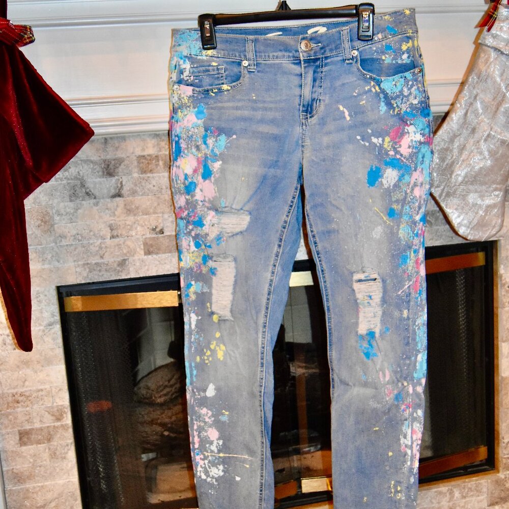 Seven7 Distressed Stretch Paint Splatted Light Blue Girlfriend Jeans- Size
